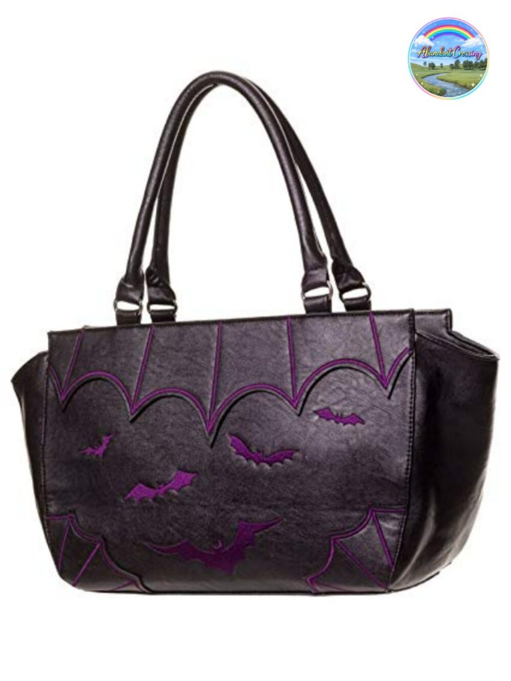Gothic Faux Leather Tote Handbag with Embossed Bats, Zipper Closure